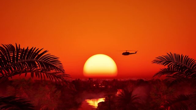 The silhouette of a military helicopter returning from a combat mission against the backdrop of sunset, flying over the jungle with fog. 3D animated background for Memorial Day.