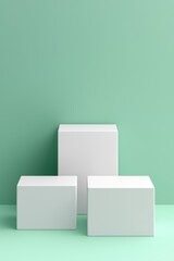 Minimalistic scene featuring three white boxes on a pastel green background, ideal for product display or packaging concepts.