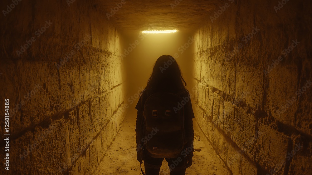 Poster mysterious journey in an ancient tunnel backpacker exploring historic passageway with backpack on