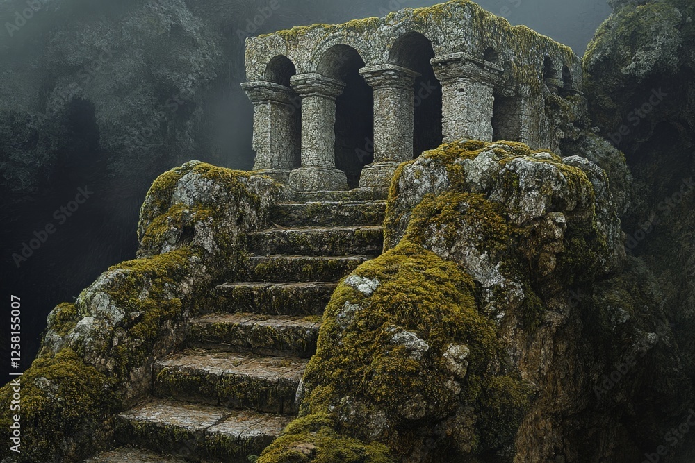 Aufkleber ancient stone structure covered in moss with arched columns at a foggy mountain site during early mo