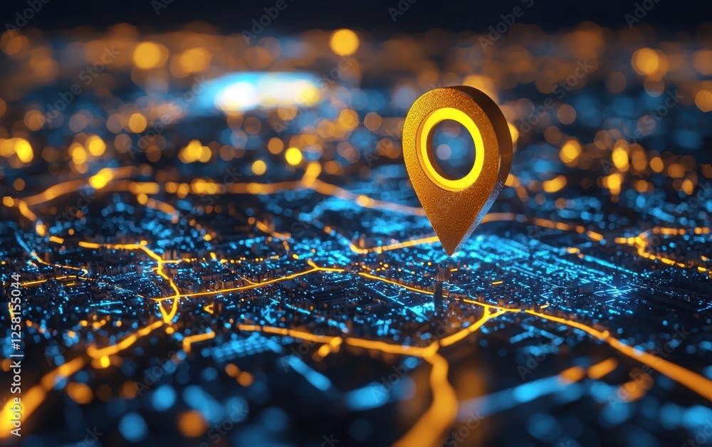 Poster a glowing location pin on a digital map, symbolizing navigation and geolocation technology in a conn