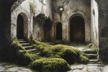 Fototapeta premium Abandoned stone building with overgrown moss and ancient arches in a quiet, serene setting