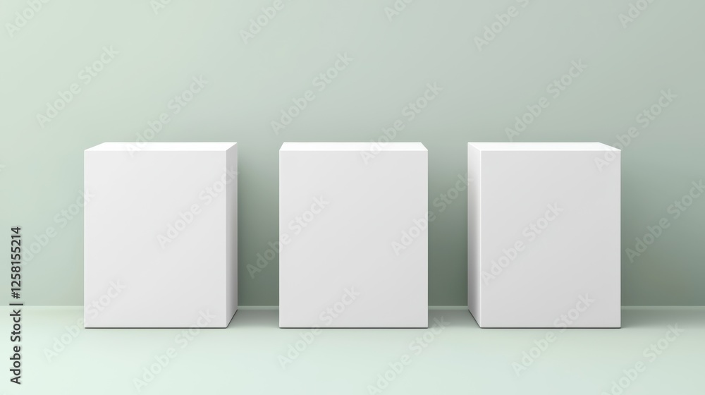 Poster minimalist display of three empty white cubes on a soft green background, perfect for showcasing pro