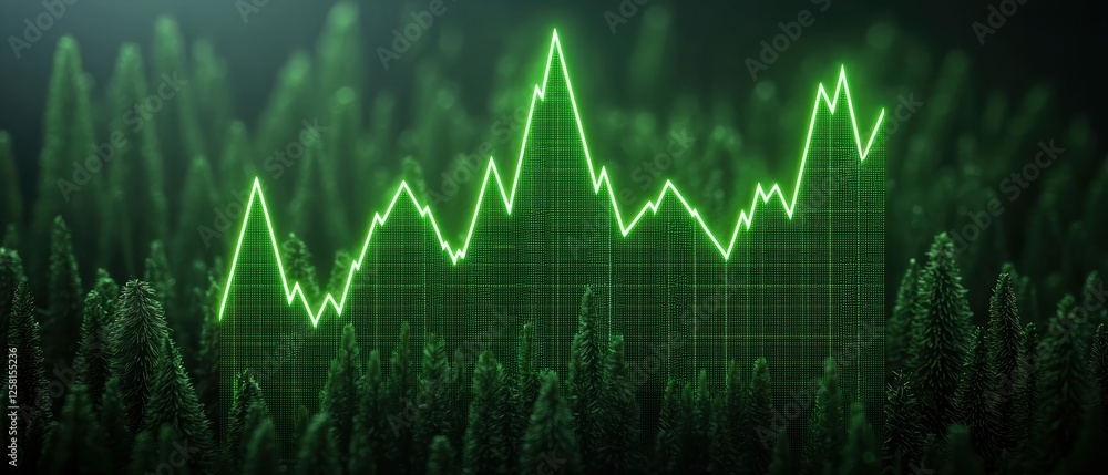 Poster dynamic green graph symbolizing growth and progress over a blurred natural background, suitable for 