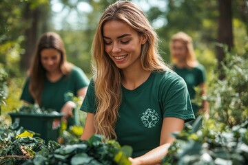 A group of diverse volunteers wearing green t-shirts picking up trash