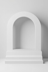 Minimalist white arch with steps, perfect for displaying products or art in contemporary settings.