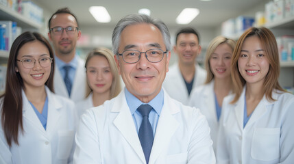 Professional healthcare team in lab coats smiling together