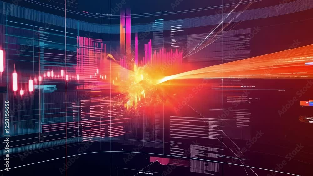 Aufkleber lines of code and charts are exploding from a central point, creating a vibrant and dynamic visualiz