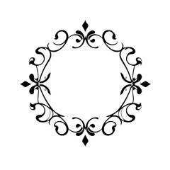 Intricate circular frame of graceful lines, elegant swirls, and scroll patterns in black and white.