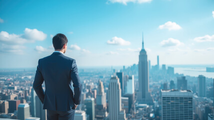 Obraz na płótnie Canvas man in suit gazes at city skyline with skyscrapers and clouds