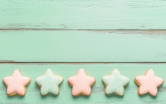 Colorful star-shaped cookies arranged on a mint green wooden surface, perfect for parties or festive occasions.
