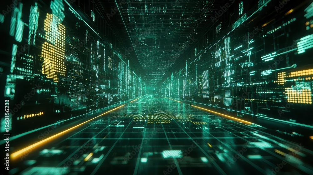 Poster futuristic digital corridor with glowing lines and data streams, creating a high-tech atmosphere for