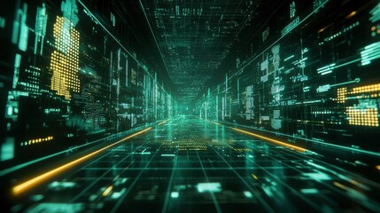 Futuristic digital corridor with glowing lines and data streams, creating a high-tech atmosphere for innovation and technology.