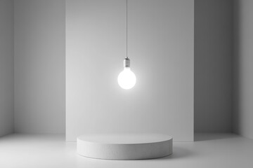 A single illuminated lightbulb hangs above a minimalist white circular platform in a stark white room.