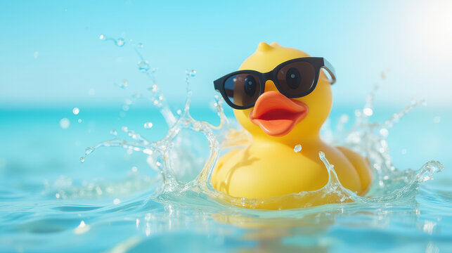 cheerful rubber duck wearing sunglasses splashes in clear water, evoking summer fun