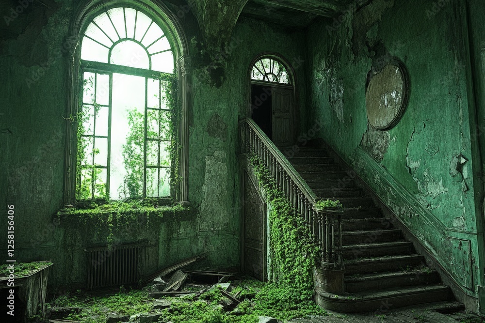 Poster overgrown staircase in an abandoned building illuminated by green light from large windows