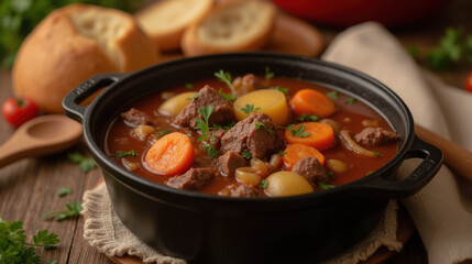 Hearty beef stew with carrots and potatoes in black pot, garnished with parsley