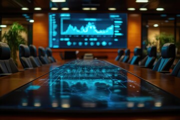 A modern boardroom table with an interactive digital display showing financial data and charts on a large screen in the background.