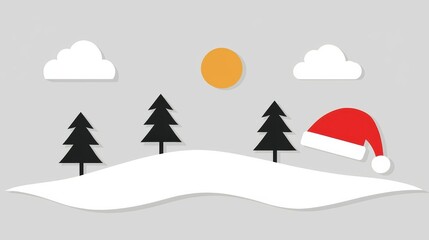 Festive winter landscape featuring Christmas trees, clouds, sun, and a Santa hat on a snowy hill, perfect for holiday themes.