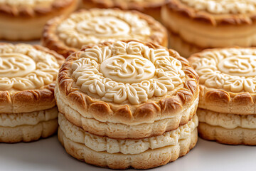 Fototapeta premium Stacked, golden-crusted pastry rounds feature intricate, creamy white floral designs on top, presented on a clean surface.