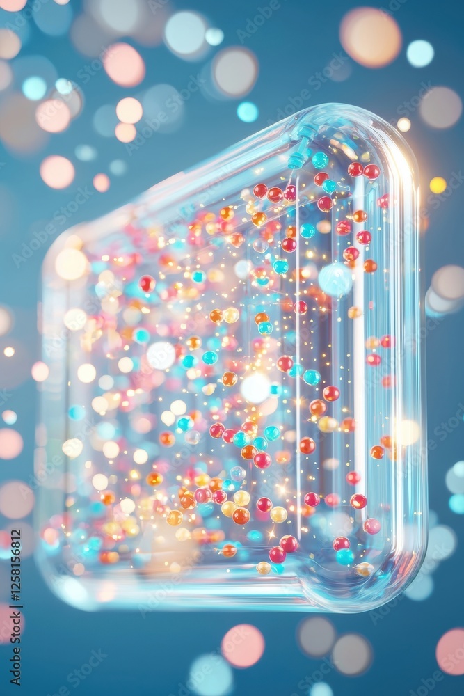 Poster abstract representation of colorful particles within a translucent frame, symbolizing creativity and