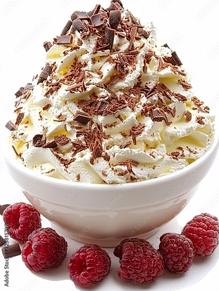 Poster Whipped cream topped with chocolate shavings in a bowl, accompanied by fresh, red raspberries.