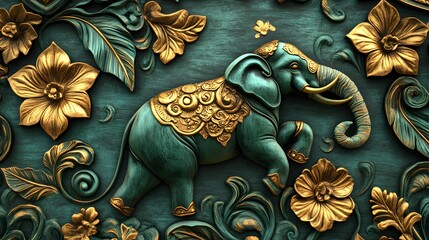 Colorful elephant relief sculpture, detailed carving with floral patterns, artistic decor for cultural or thematic spaces.