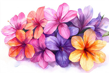 Watercolor painting featuring a cluster of colorful hibiscus-like flowers in shades of pink, orange, and purple.