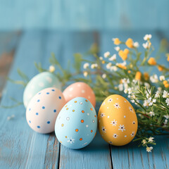 Fototapeta premium Overhead view to the colourful eggs surrounded by blooming daisies lying on the blue table. Easter concept.