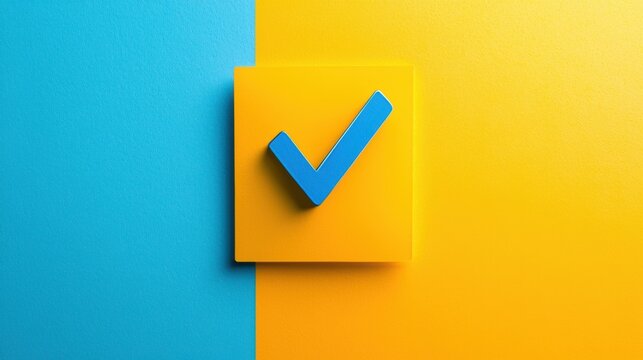 A vibrant check mark symbol highlighting positivity and successful completion, set against a bold yellow and blue background.