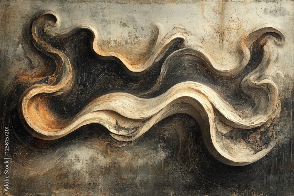 Poster art piece featuring dynamic flowing forms in earthy tones against a textured background