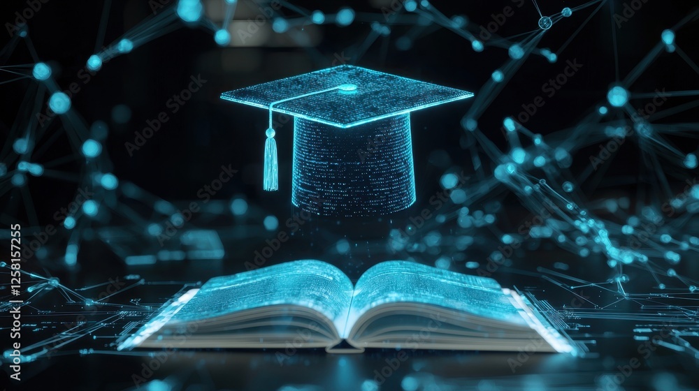 Poster digital graduation cap above open book with tech background