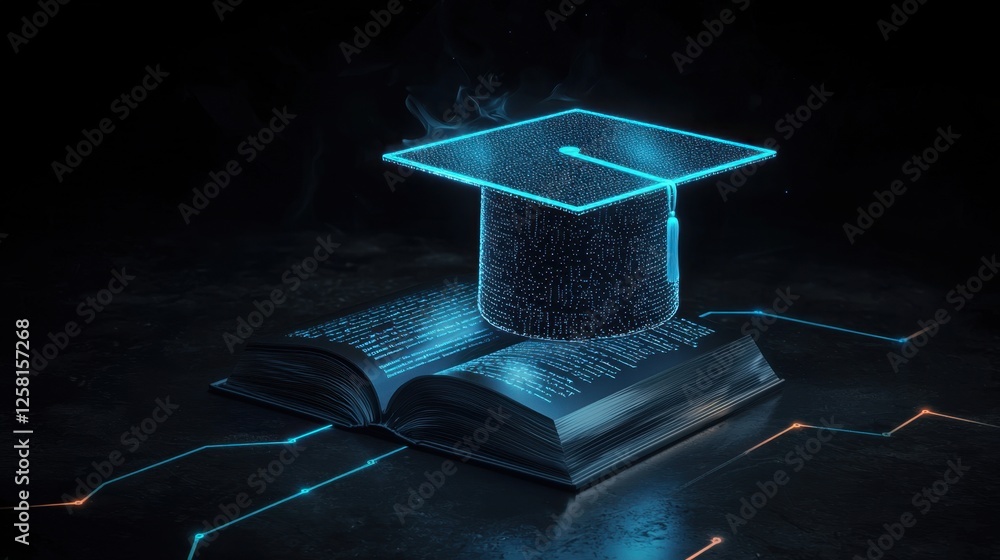 Poster digital graduation cap above illuminated open book in dark setting