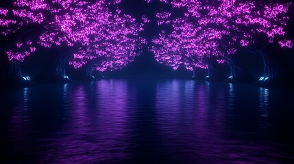 Neon Cherry Blossom Trees Reflecting in Dark Water a Mystical Nighttime Lake Landscape