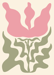 Pink flower hand drawn poster infantile style. Organic doodle shapes Matisse style, naive art, contemporary backgrounds. Botanic vector illustration	