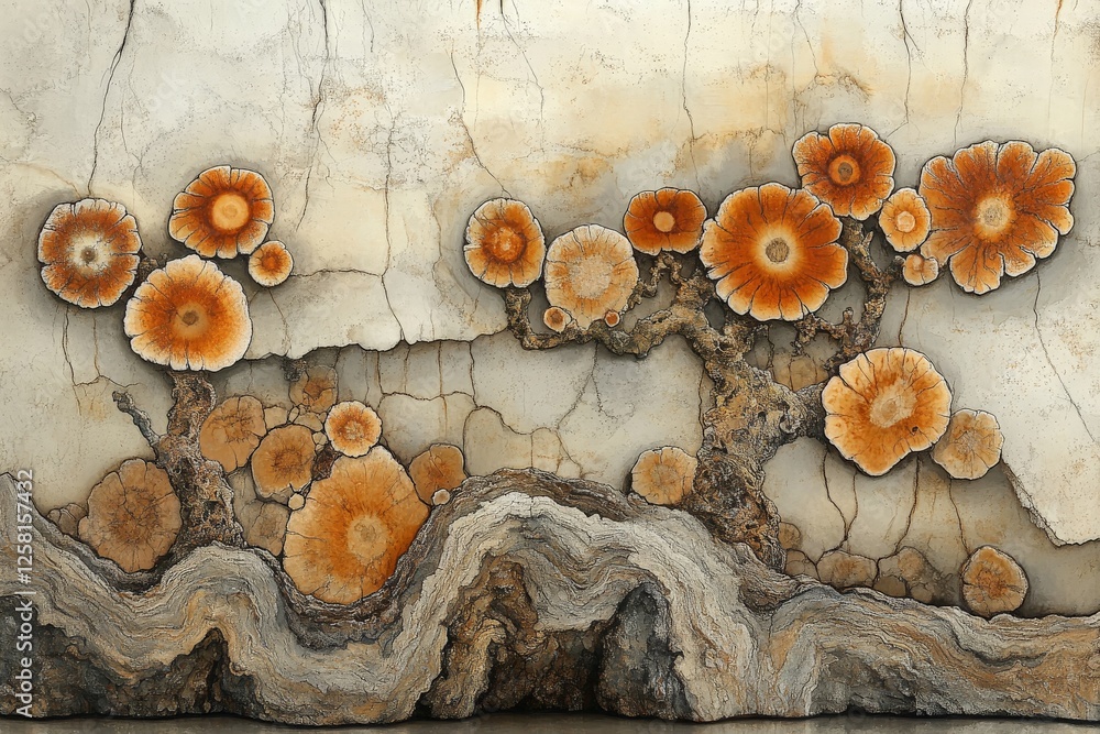 Poster unique patterns of orange and brown fungi growing on a textured surface in a natural setting