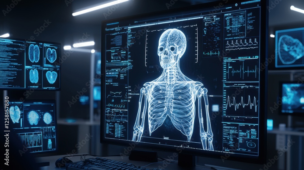 Aufkleber digital skeleton model and medical data on computer screen