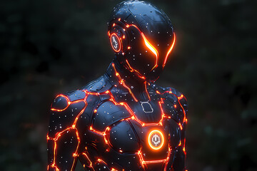 A sleek virtual outfit featuring neon blue circuit patterns and metallic accents, exuding a futuristic and high-tech vibe.