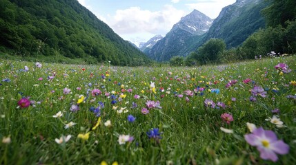 Obraz premium Colorful wildflowers bloom in a lush green alpine meadow surrounded by majestic mountain peaks.