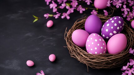 Nest of Festive Easter Eggs Pink Purple with Floral Accents on Dark Background Celebration Decor