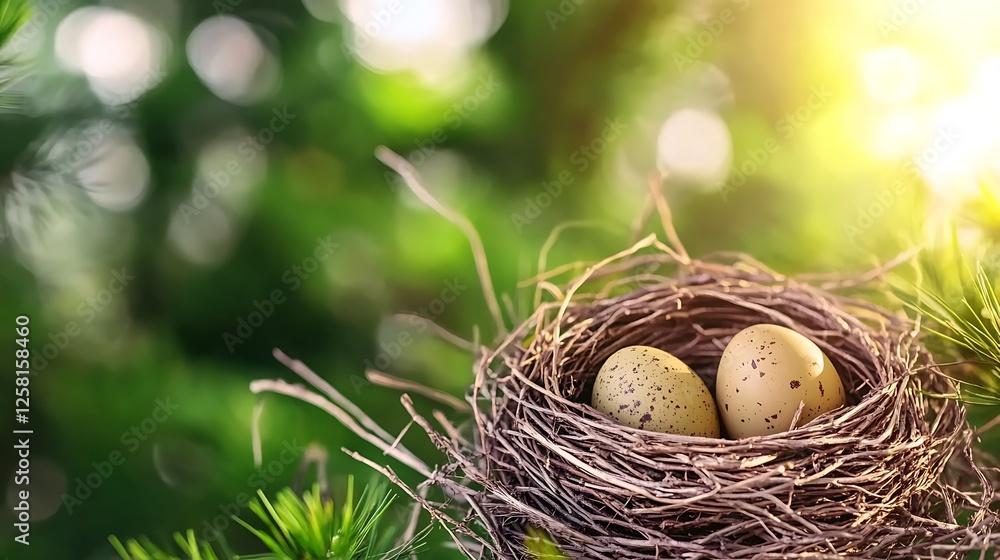 Poster nest of life two eggs nestled in a twiggy natural structure in a forest environment