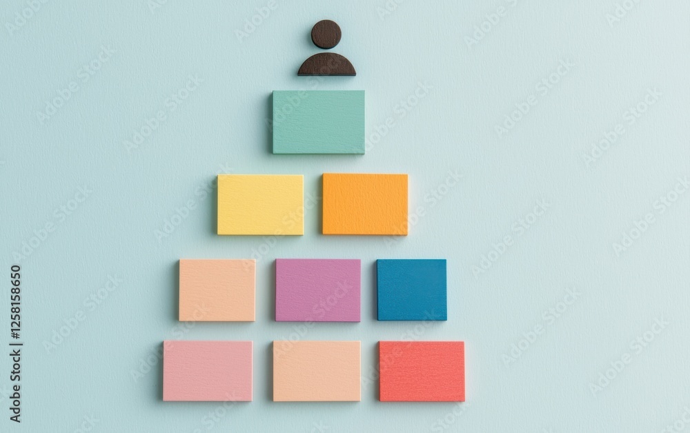 Poster a creative representation of hierarchy with colorful blocks and a figure symbolizing leadership and 