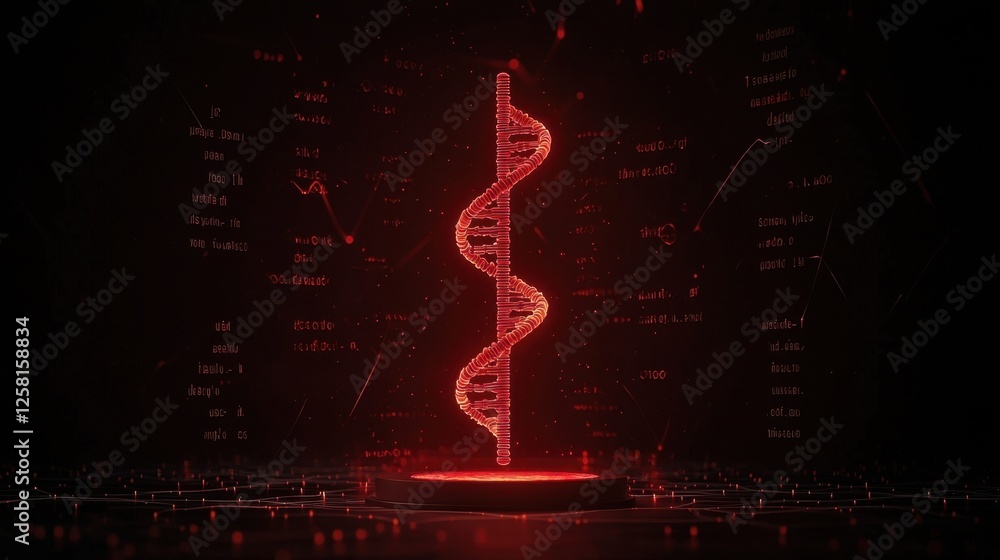 Poster red digital dna helix on dark background with data visualization elements