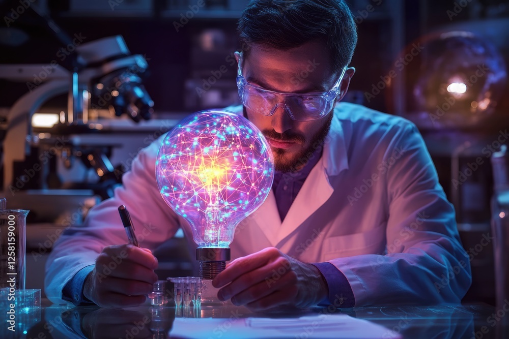 Poster scientist examines a glowing lightbulb representing interconnected ideas and neural networks, docume