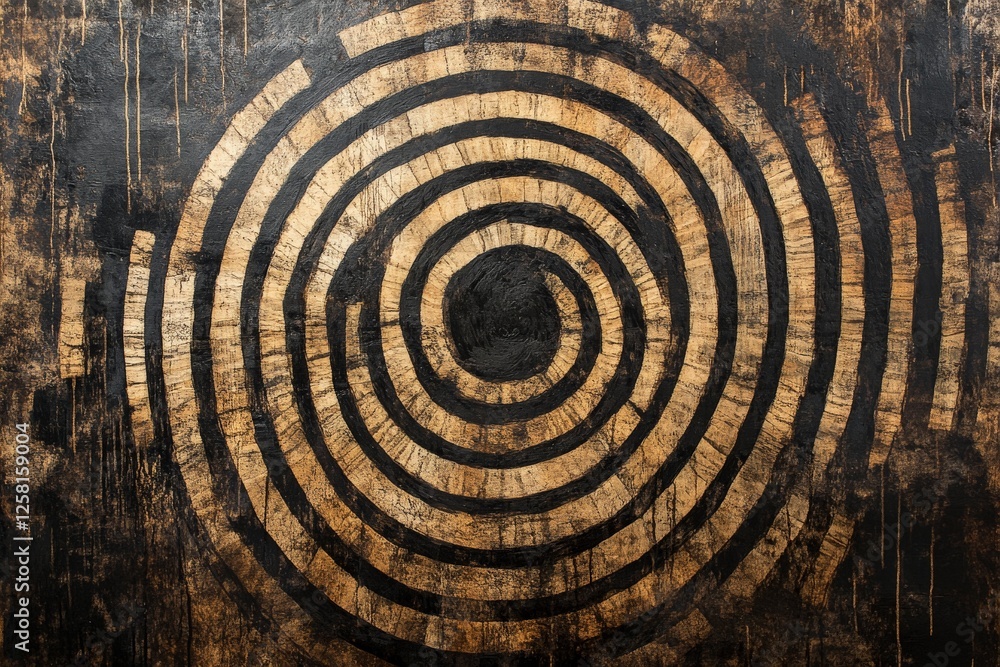 Poster spiral patterns created with black paint on a textured surface in an art studio