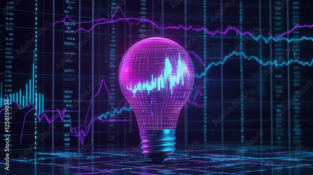 Poster light bulb with digital graph on dark background for data analysis