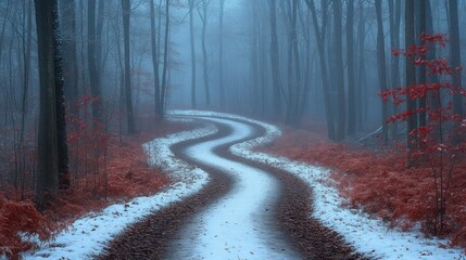 Fototapeta premium Serene winding path through a foggy forest with snow and vibrant red foliage in winter