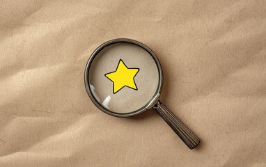 A magnifying glass reveals a yellow star on textured brown paper, symbolizing focus and discovery.