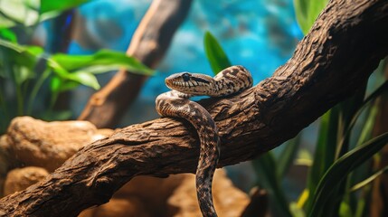 Reptile pets care and display. Featuring snakes, lizards, and terrariums. Emphasizing proper care and showcasing beauty. Ideal for reptile enthusiasts and pet care guides. Snakes coiled on branches.