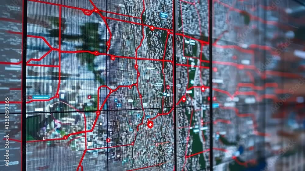 Poster large screen displaying detailed city map with highlighted routes in a modern control room, suggesti
